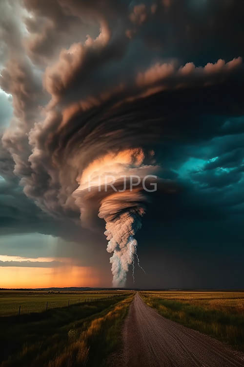 towering tornado engulfs rural landscape in turbulent charcoal and orange twilight hues