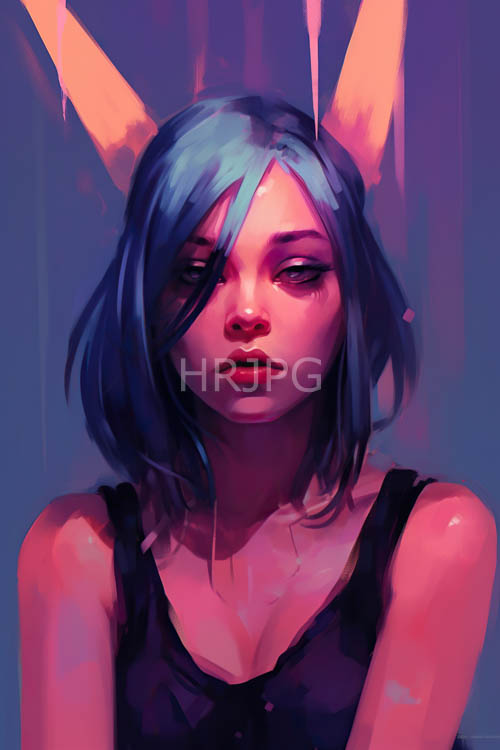 animeinspired character with cerulean locks and delicate bunny ears in violet and indigo hues
