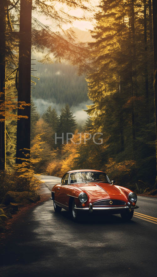 sports cars drive along narrow forest roads in autumn