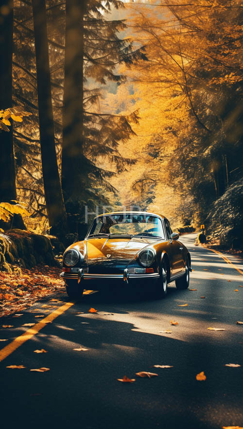 autumn leaves blanket scenic forest road beneath amber hues of dappled sunlight