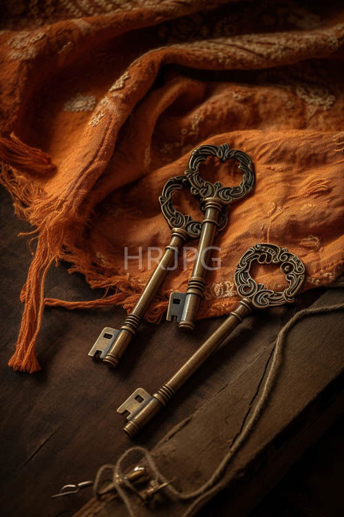 victorianera metal keys with ornate loop designs on richly textured orange fringed cloth backdrop