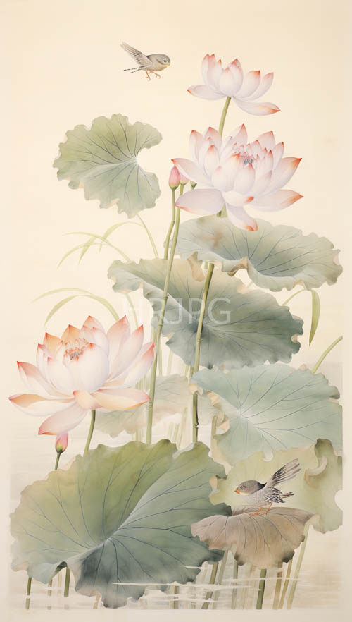 pink and white lotus blossoms unfurl from shallow waters amidst lush green foliage