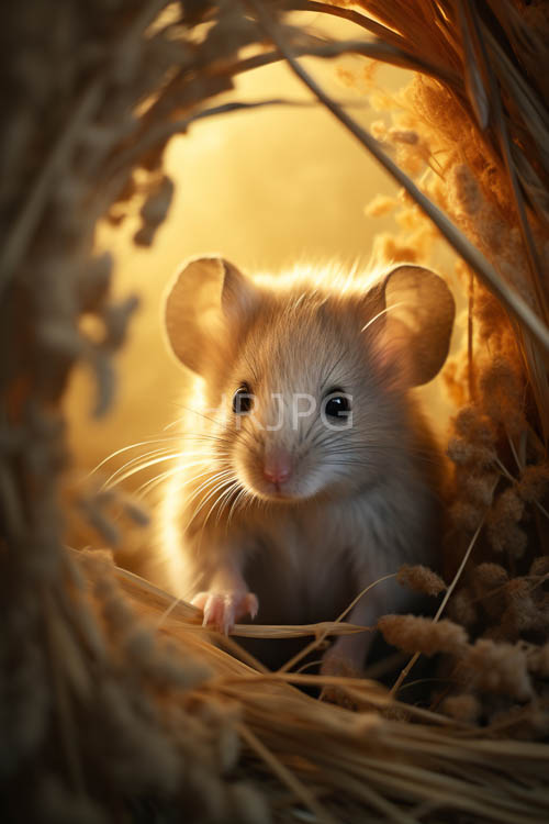 High Resolution: Mouse Amidst Dried Wheat Stalks Under Sunlit Golden Glow download. | HRJPG.com