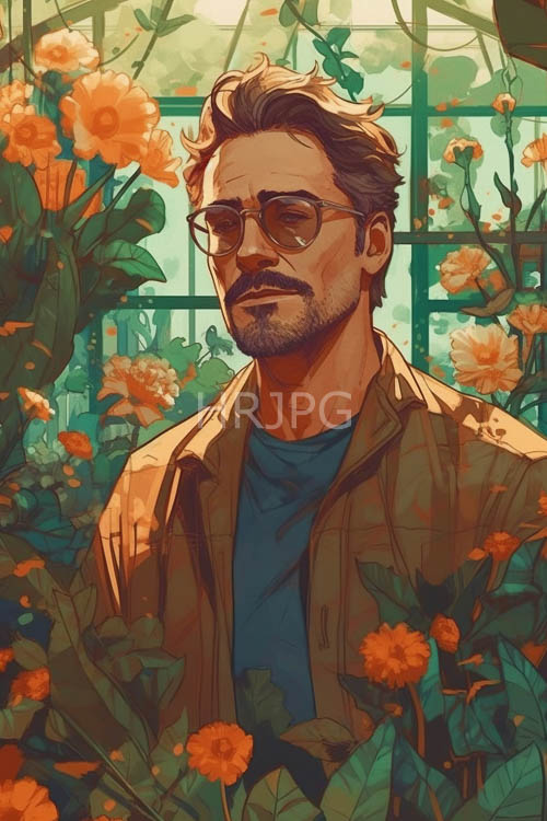 elegantly attired men amidst lush greenery and vibrant orange blossoms