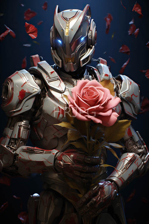 biomechanical armor embodies flickering cyan ocular sensors amidst delicate pink rose