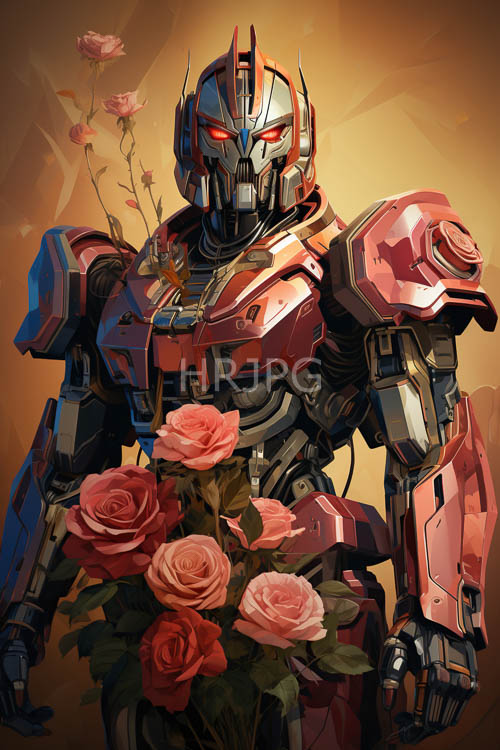 organic floral stems intertwine with high tech mechanical exoskeleton armor