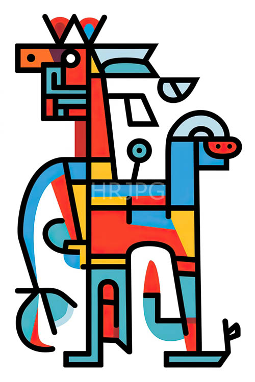 High Resolution: Electrifying EquineHumanoid Hybrid in Sapphire Blues and Solar Yellows Against Angular Black Contours download. | HRJPG.com