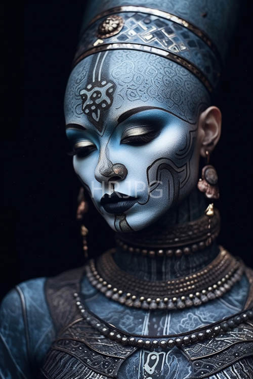 azure skin meets crimson lips under gilded charcoal fabrics