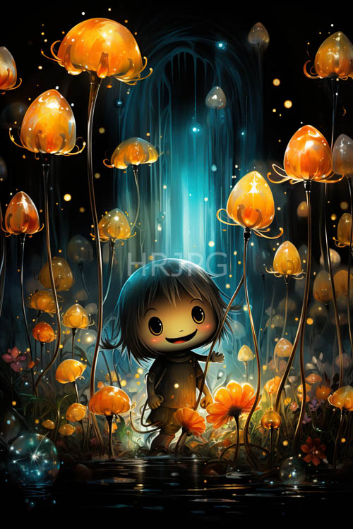 turquoise beams cascade through delicate blue strands framing wide expressive eyes with childlike wonder in a surreal garden