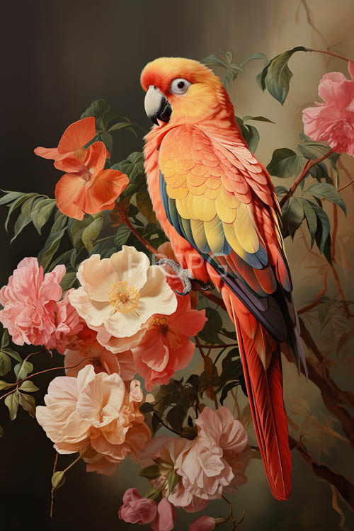 electric blue and orange plumage defines macaw amidst delicate pink roses in deep shadows