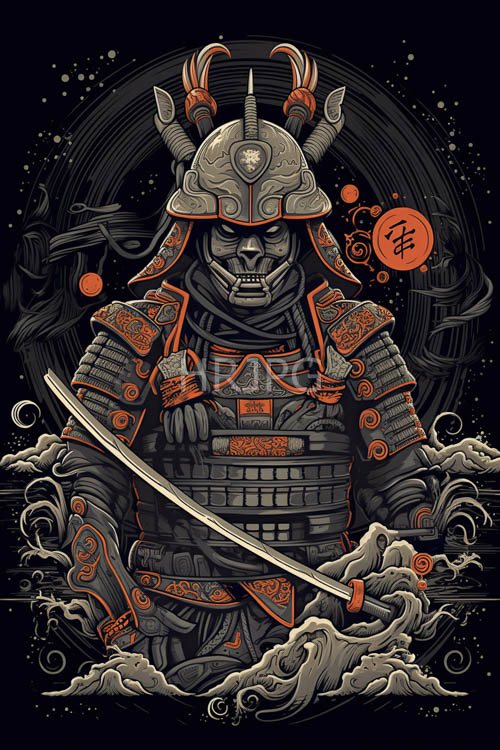 High Resolution: Rugged IronGray Armor Collides with Fiery Lacquer Motifs in Mythical Lupine Swordsman Combat download. | HRJPG.com