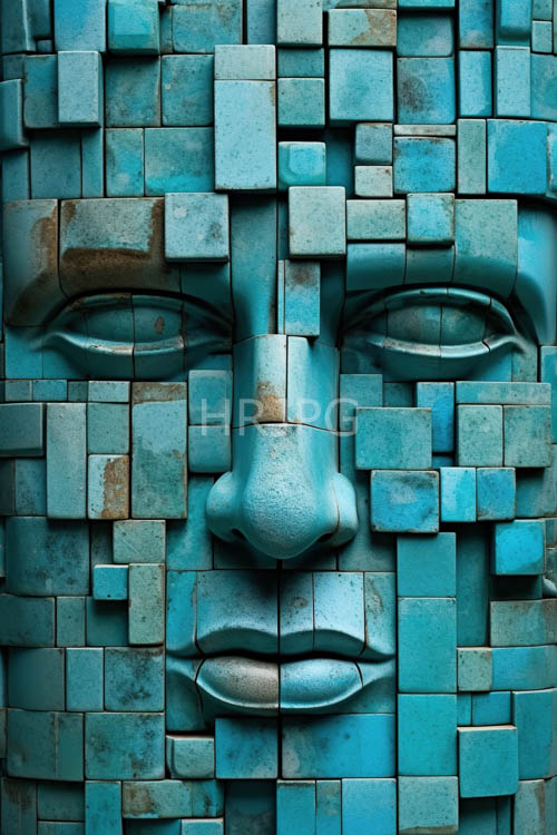 human form constructed from turquoise tiles in harmonious clusters and varied geometric patterns