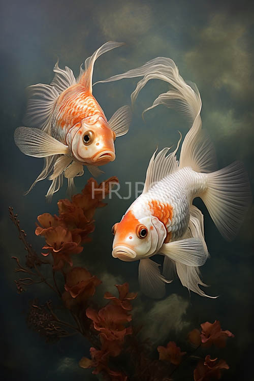 High Resolution: Luminous Goldfish Navigate Aquatic Realm Amidst Organic Foliage and Deep GreenBlue Abyss download. | HRJPG.com