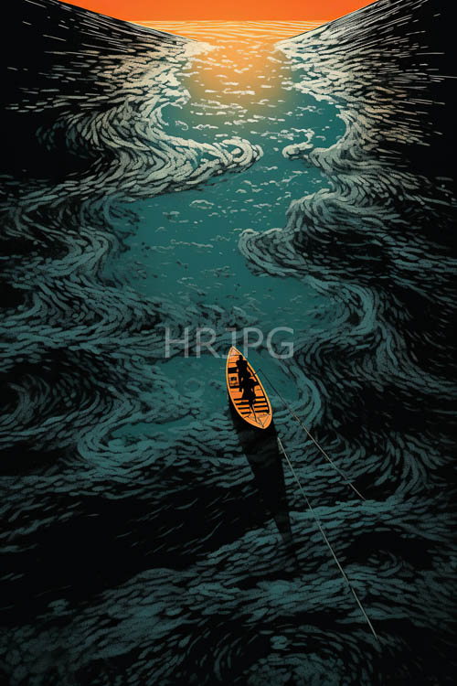 dramatic sky painted waves rustic orange rowboat adrift