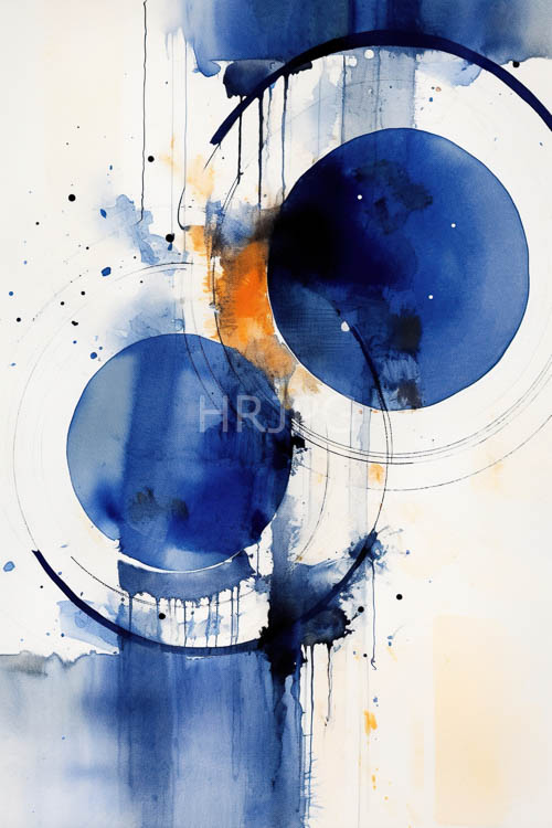 cobaltblue orbs float weightlessly amidst organic dance of negative space and fiery bursts