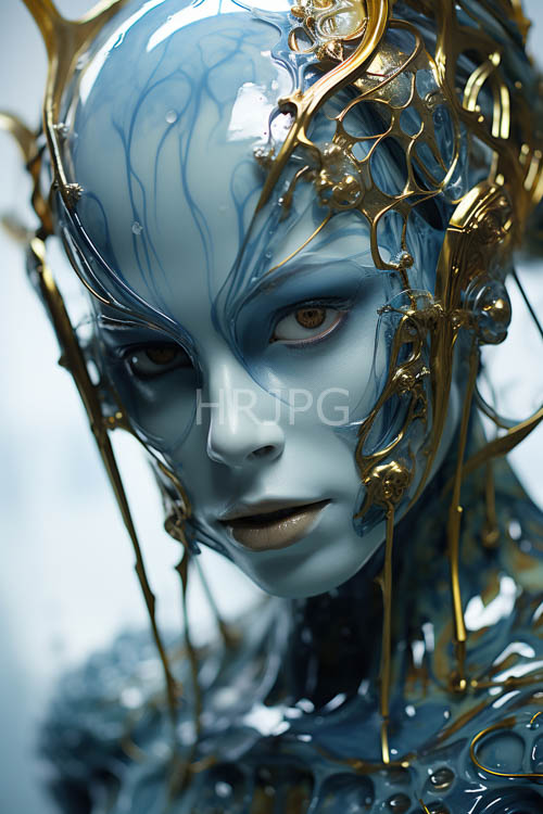 alien beauty intersects futuristic elegance on muted white background
