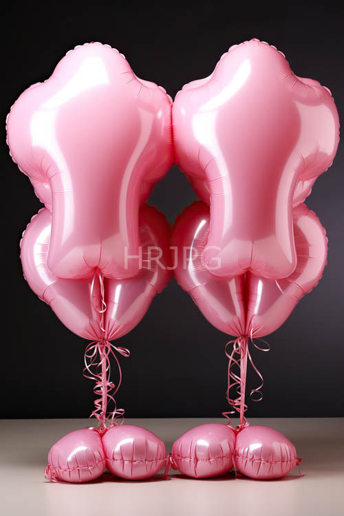 elevated heart balloons on muted slate with magenta accents and delicate twists
