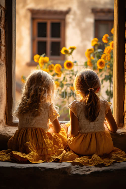 youthful figures pose amidst sunlit stone ledges and lush sunflower blooms in a summer setting
