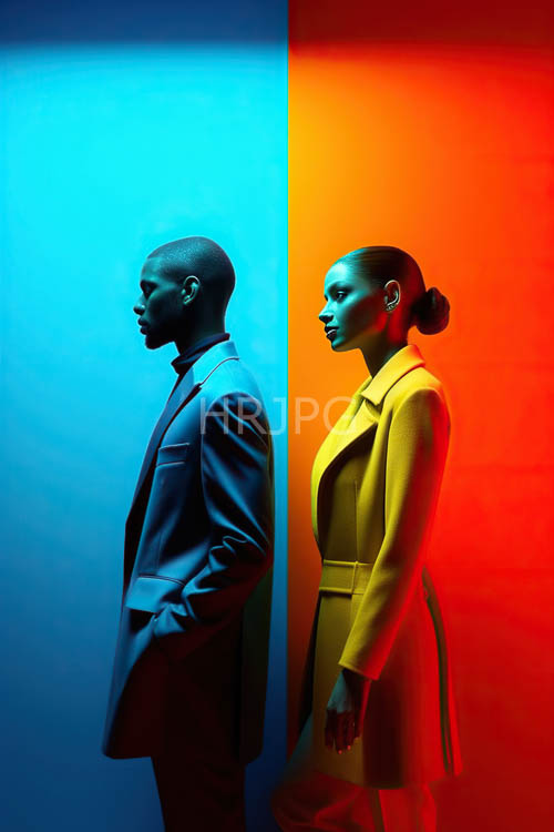 fashion subject encased in rich orange illumination against cool cyan background