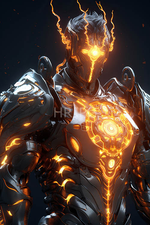 fiery orange energy channels through sleek hydrodynamic armor plating