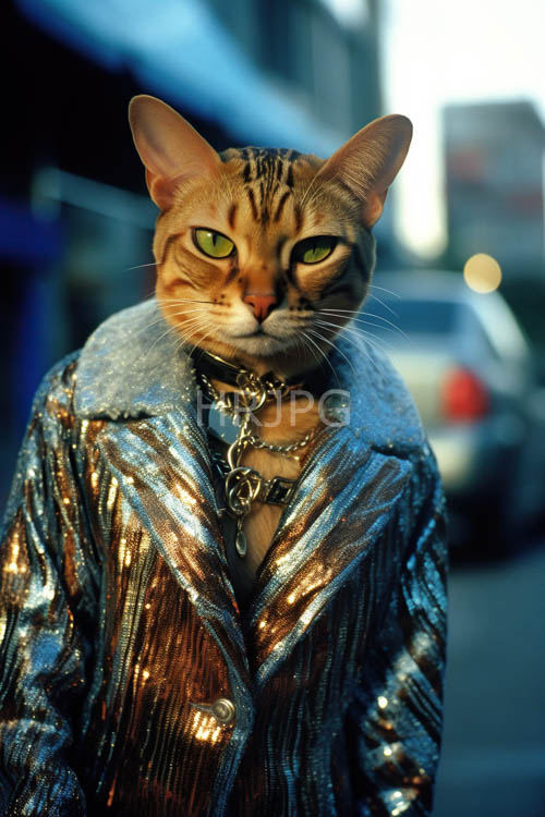 metallic fabrics shine on stylish cats walking urban sidewalks