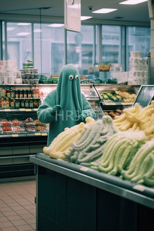 fluorescent supermarket lights reflect off steel counters and wool coats