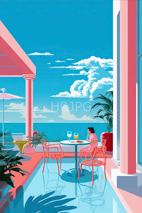 blushhued columns frame expansive ocean vista with fuchsiatoned seating
