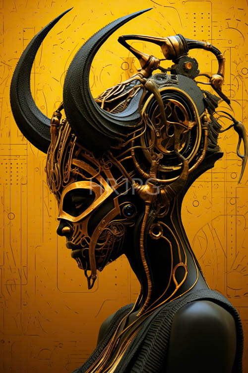 cybernetic figure of modern steel and saffronyellow geometric patterns