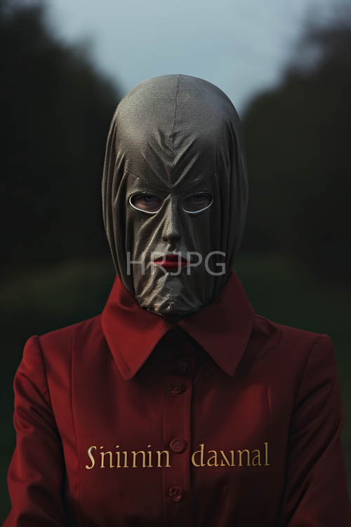 gilded typography embellishes crimson shirts worn beneath dark obsidian masks