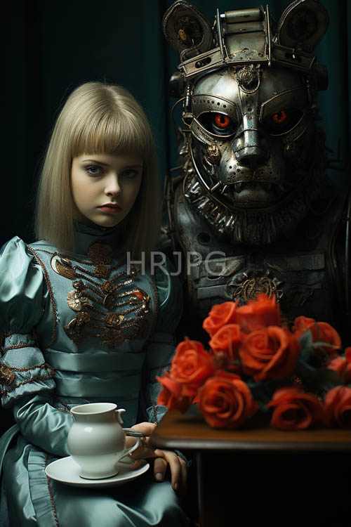 steampunk wolf sentinels hover over red petals on wood