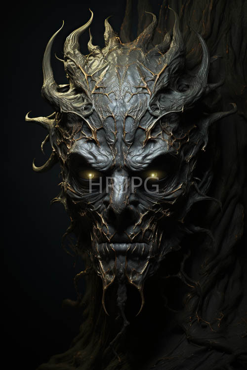 twisted horns rise from ancient armor fused with gnarled wood in voidlike setting