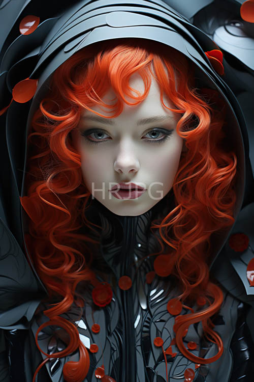 orange accents trim sleek black garments floating across dark voids