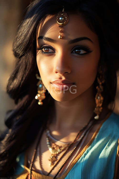 elegantly draped bluegreen silk cascades around the figure showcasing intricate gold ornamentation