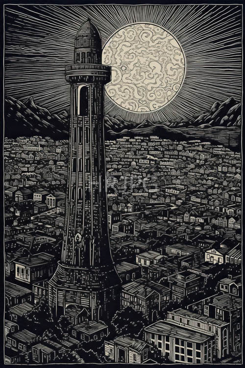 mountain silhouettes under celestial patterns of dusk light amidst urban landscapes