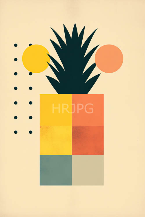 tropical geometric abstraction with segmented foliage and fruit accents on beige canvas