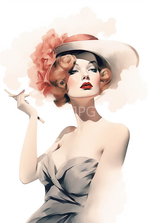 cascading caramel waves frame crimson lips against slategray elegance under oversized ivory sunhat