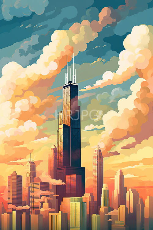 chicagos urban landscape unfolds amidst amberhued clouds and cityscapes