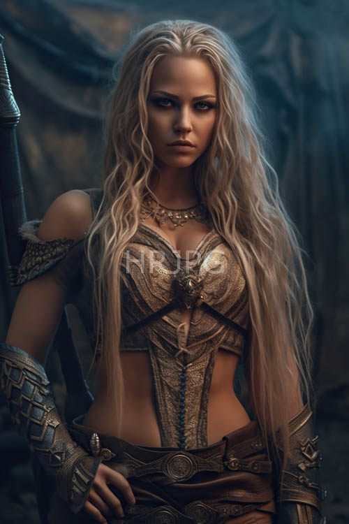 elegantly curled tresses frame regal intricately wrought plate armor in ambient light and deep bronze complexion