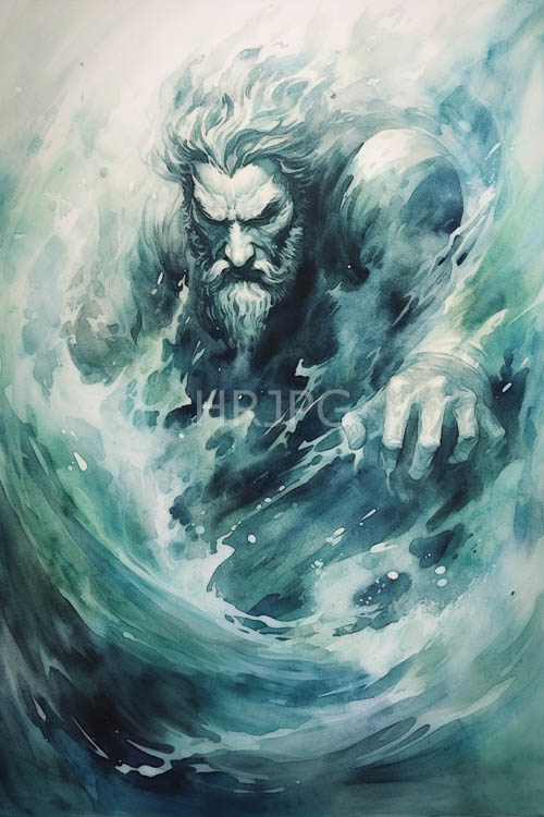 aquatic deity emerges from turbulent depths with snowwhite mane unfurled amidst churning waters and turbulent sea