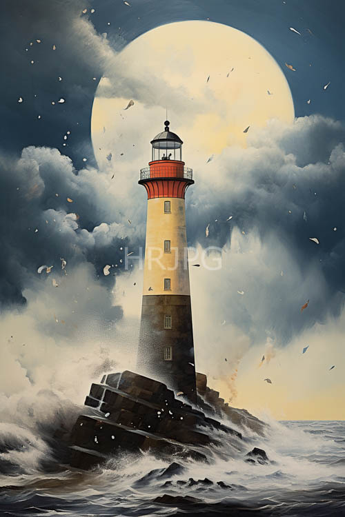 red and white striations spiral upward on lighthouse facade amidst turbulent seascape