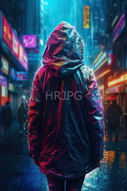 violet onyx raingear shimmers under neon advertisements alleyway