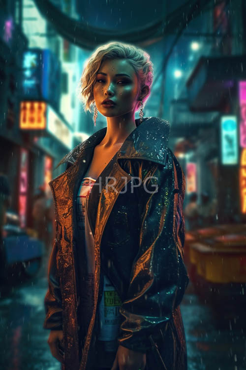 High Resolution: Black leather jackets catch neon reflections on wet asphalt download. | HRJPG.com