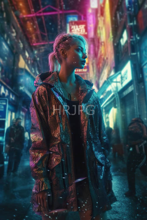snowfall drifts past neon alleyways behind braided hair crowns