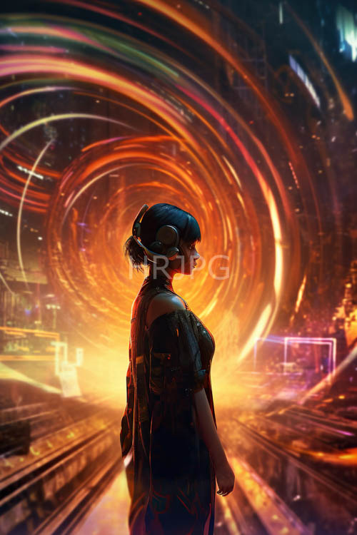 high tech tunnel walls glow with swirling amber light effects