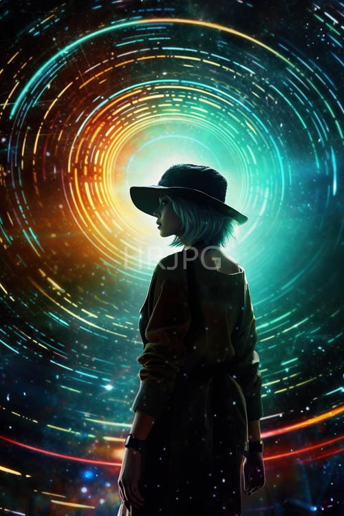turquoise and amber cosmic swirls framing enigmatic figure in earthtoned garb against nebula patterns