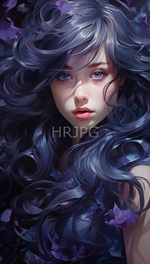 amethyst irises shine through inky indigo tresses against black backdrops