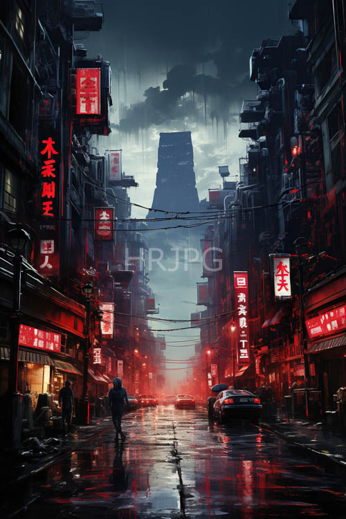 neon kanji pulse through rainy urban labyrinth of alleys