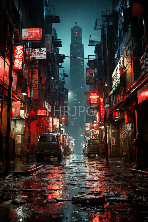 hong kong thoroughfare neon signage intersects with rainslicked pavement and towering city structures