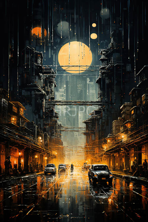 mirrored urban structures create cinematic interplay of light and shadow amidst nighttime downpour