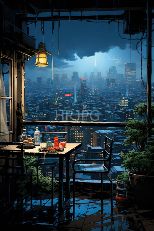 rainstorms hit urban towers housing metallic chairs and red cups